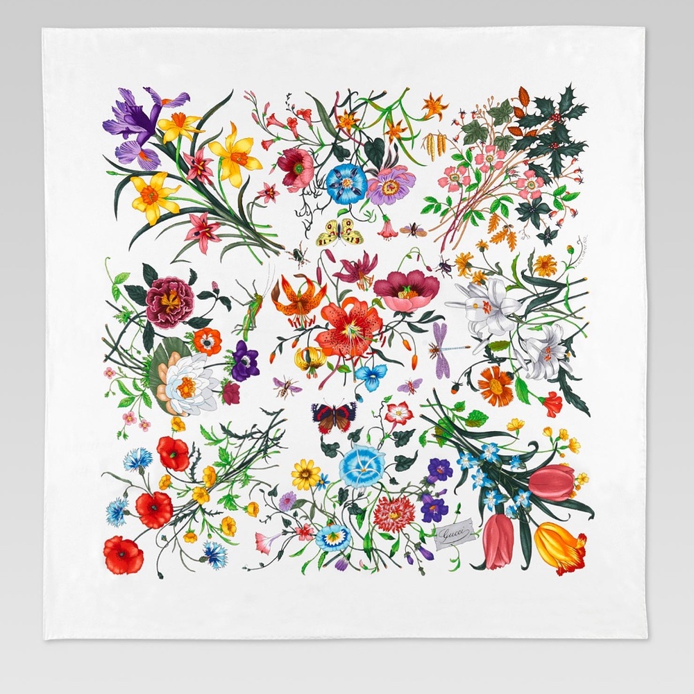 Gucci Scarf Iconic Floral Print Multicolor White Silk Wrap